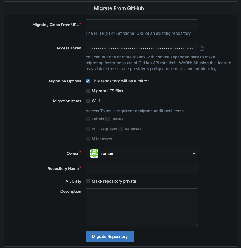 Migration Selection Screen